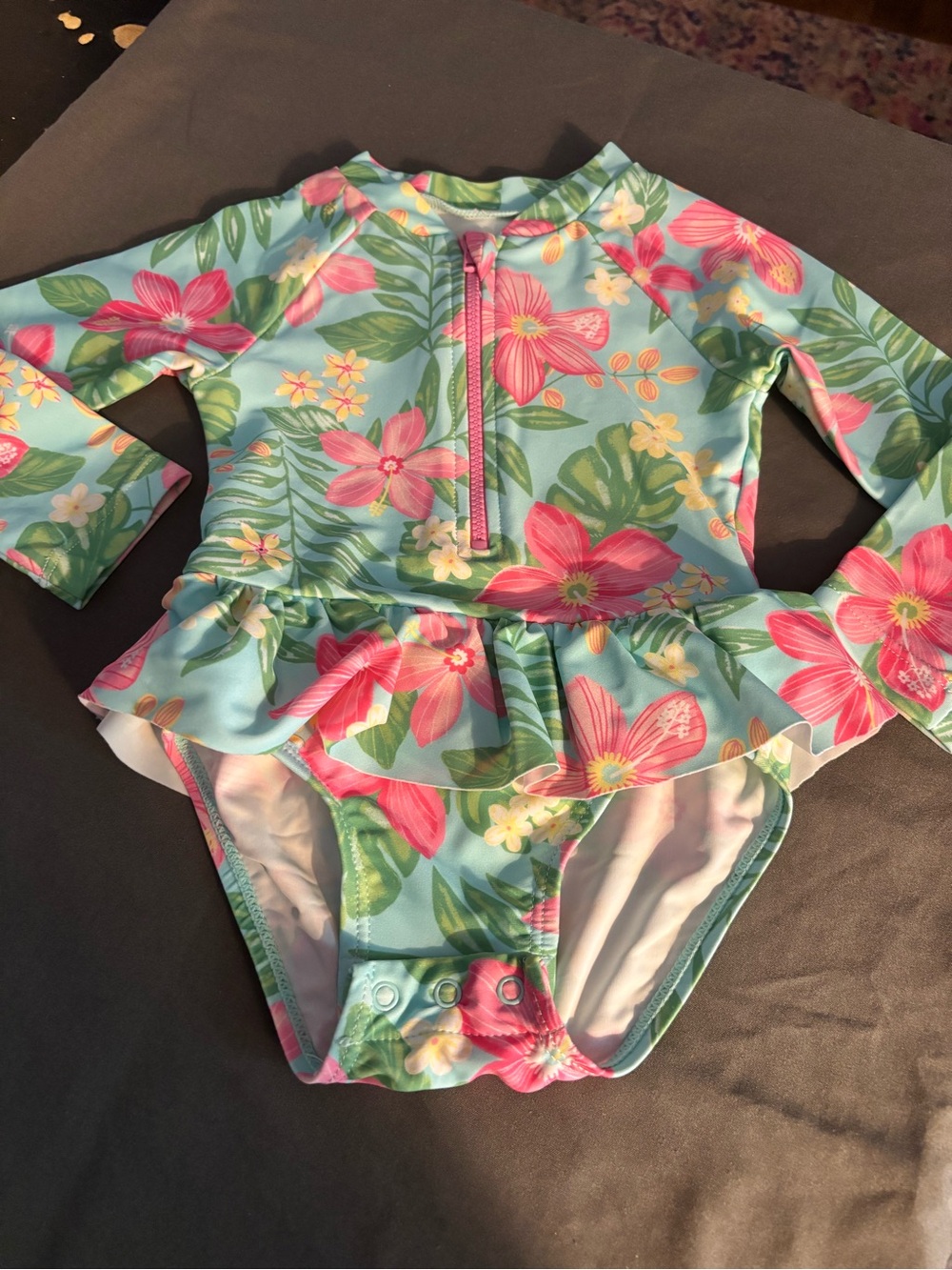 Little Me Floral Long-Sleeve One-Piece Swimsuit in Aqua & Pink